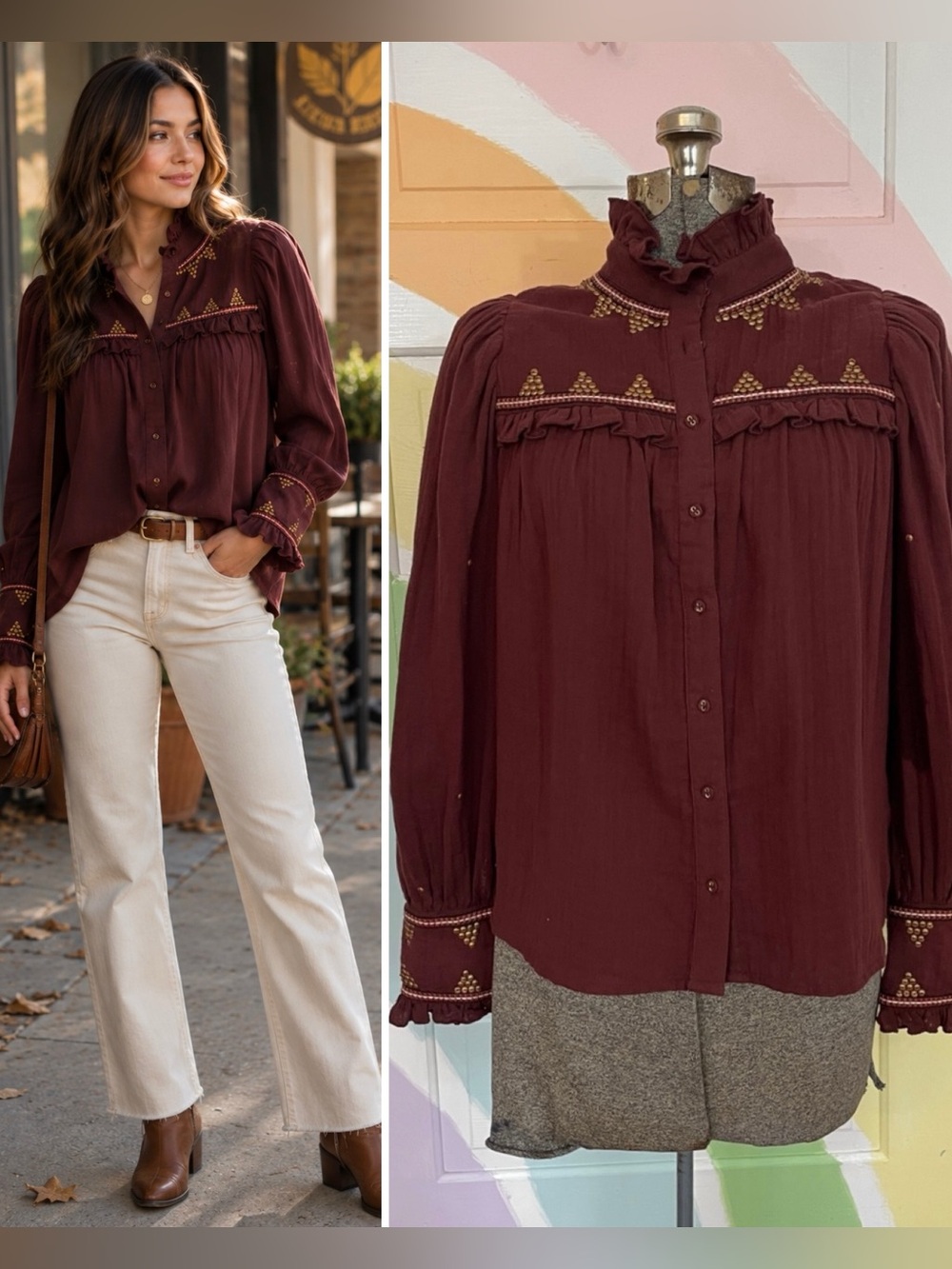 NWT A Loves A Burgundy Embroidered Studded Ruffle Neck Boho Blouse Sz XS 💛🎀